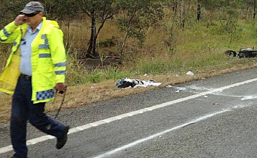 Police investigate the crash in which a motorcyclist died after a collision with a truck 10km south of Carmila yesterday morning. Police investigate the crash in which a motorcyclist died after a collision with a truck 10km south of Carmila yesterday morning.